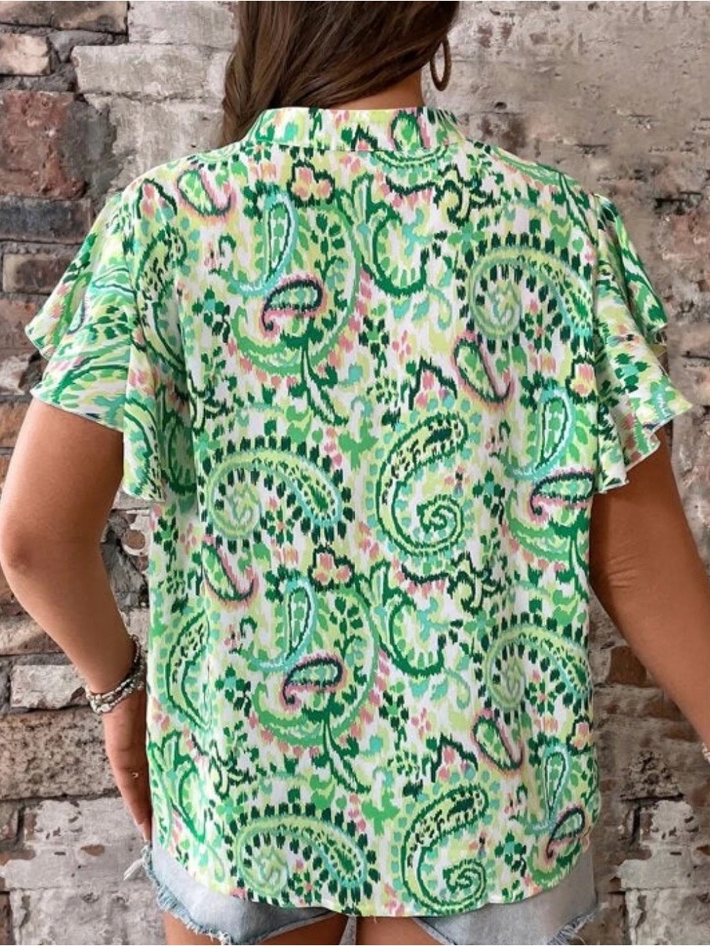Boho Green Paisley Ruffle Sleeve Blouse - Picture 7 of 7